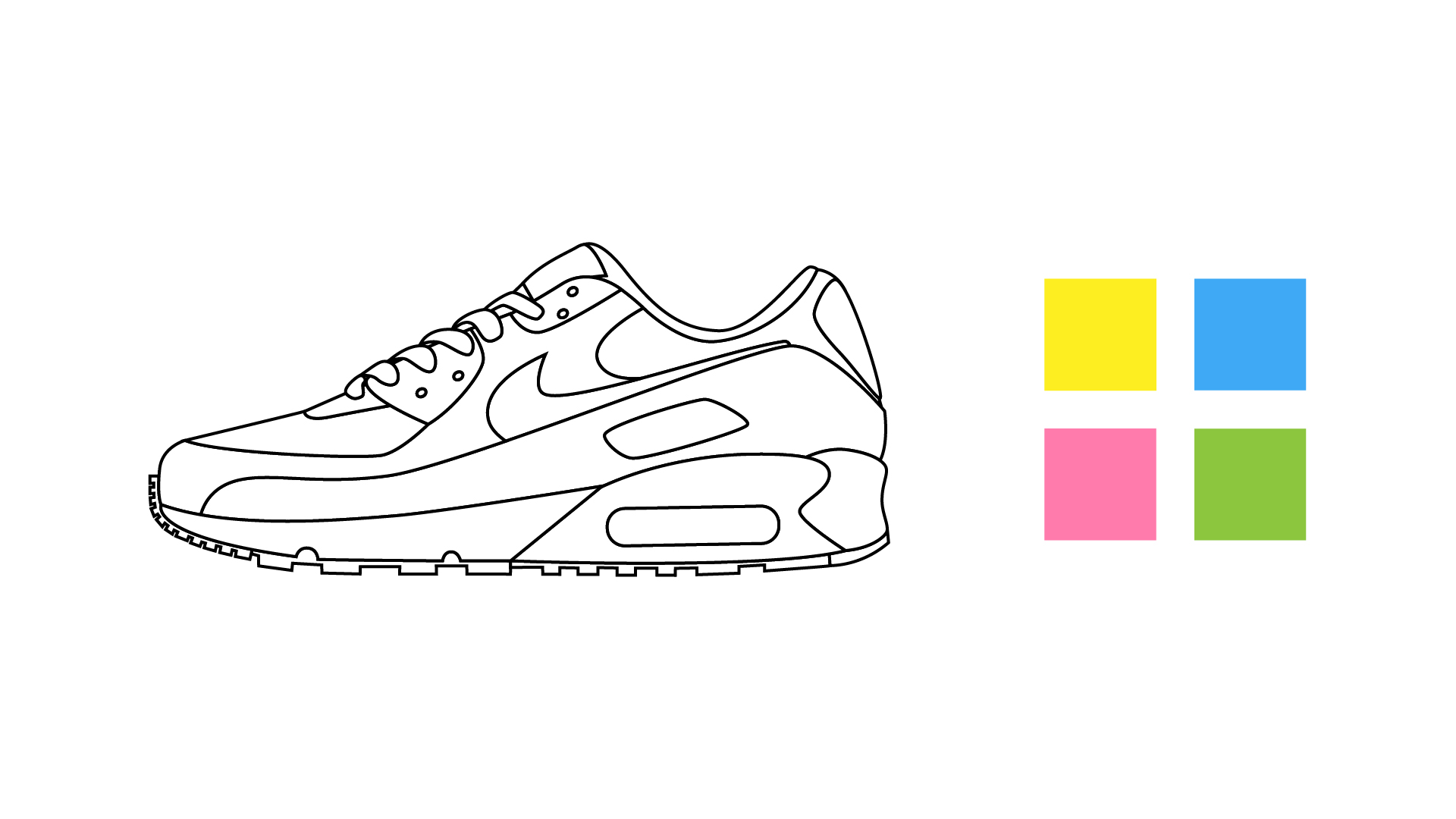 Paleta de color e ilustración individual de 'Air Max 90 Warhol Style' con trazo negro sin colorear