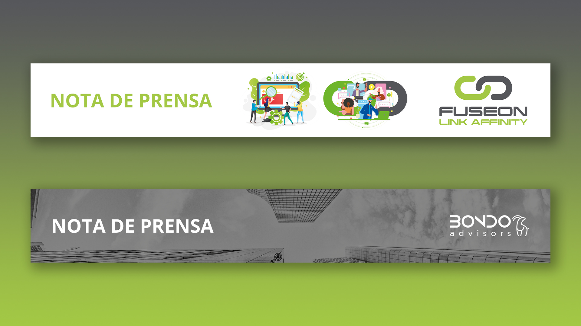 Cabeceras notas de prensa Fuseon Link Affinity y Bondo Advisors