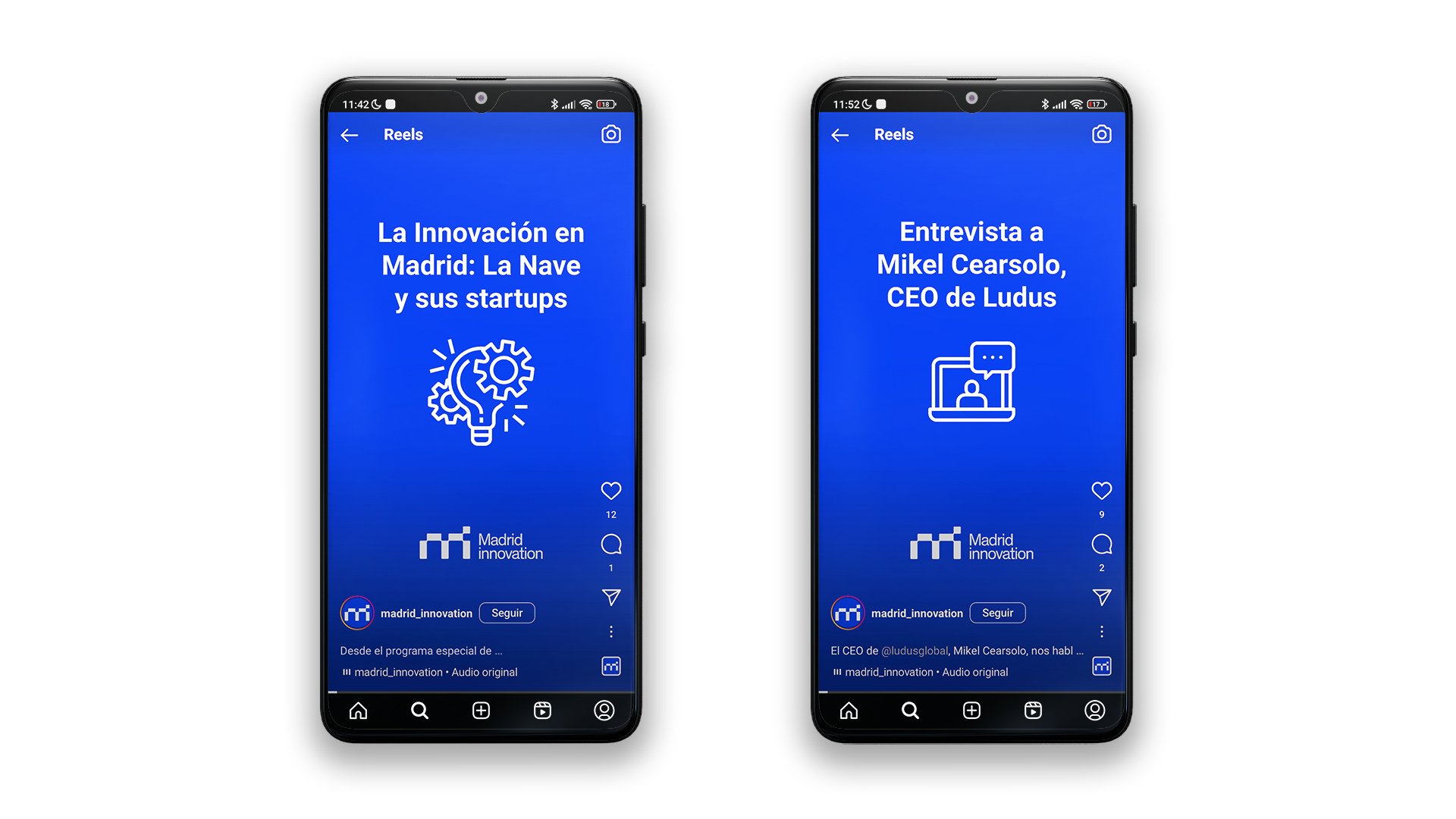 Mockup de dos móviles Xiaomi con dos portadas de reels para Instagram