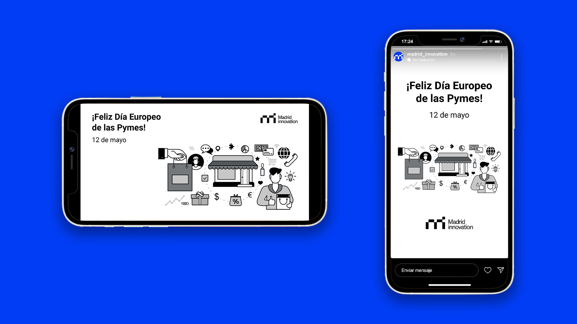 Mockup de dos iPhone con una creatividad para Twitter, LinkedIn y stories de Instagram, celebrando el Día Europeo de las PYMES