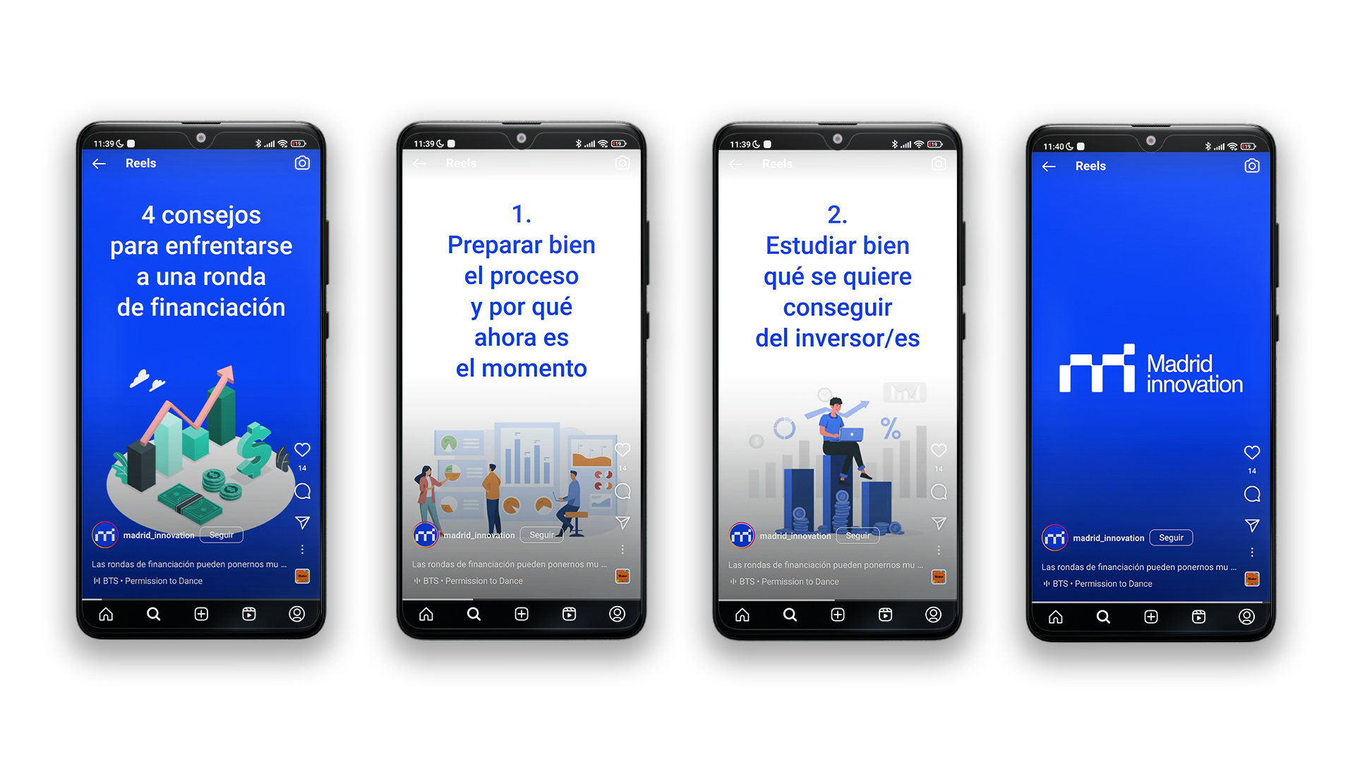 Mockup de cuatro móviles Xiaomi con un reel para Instagram titulado: '4 consejos para enfrentarse a una ronda de financiación'