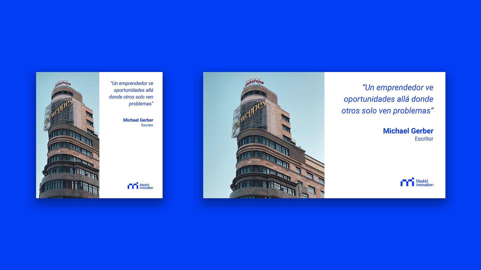 Creatividad para Instagram, Twitter y LinkedIn. En ella aparece una frase sobre emprendedores con una fotografía de Madrid