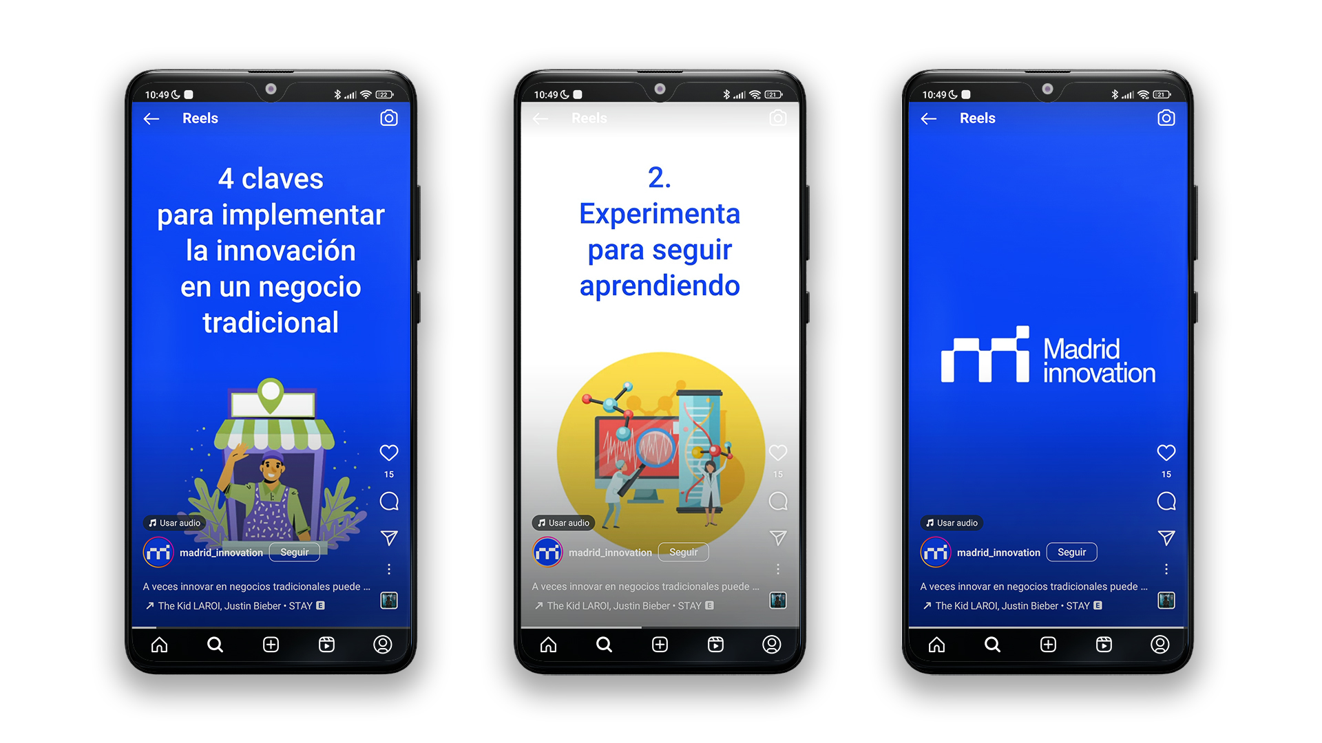 Mockup de tres móviles Xiaomi con un reel para Instagram titulado: '4 claves para implementar la innovación en un negocio tradicional'