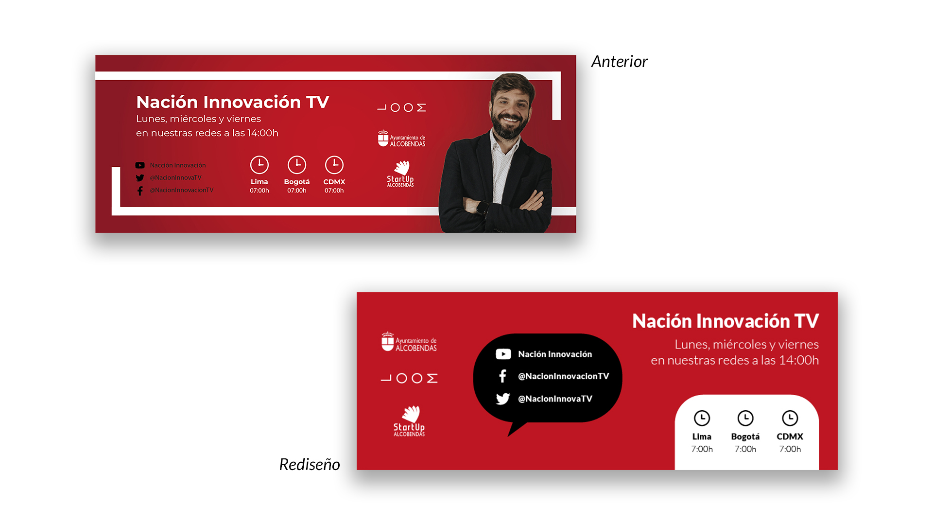 Comparación entre ejemplo de portada/cabecera rediseñada del programa 'Nación Innovación' para RRSS y su anterior versión