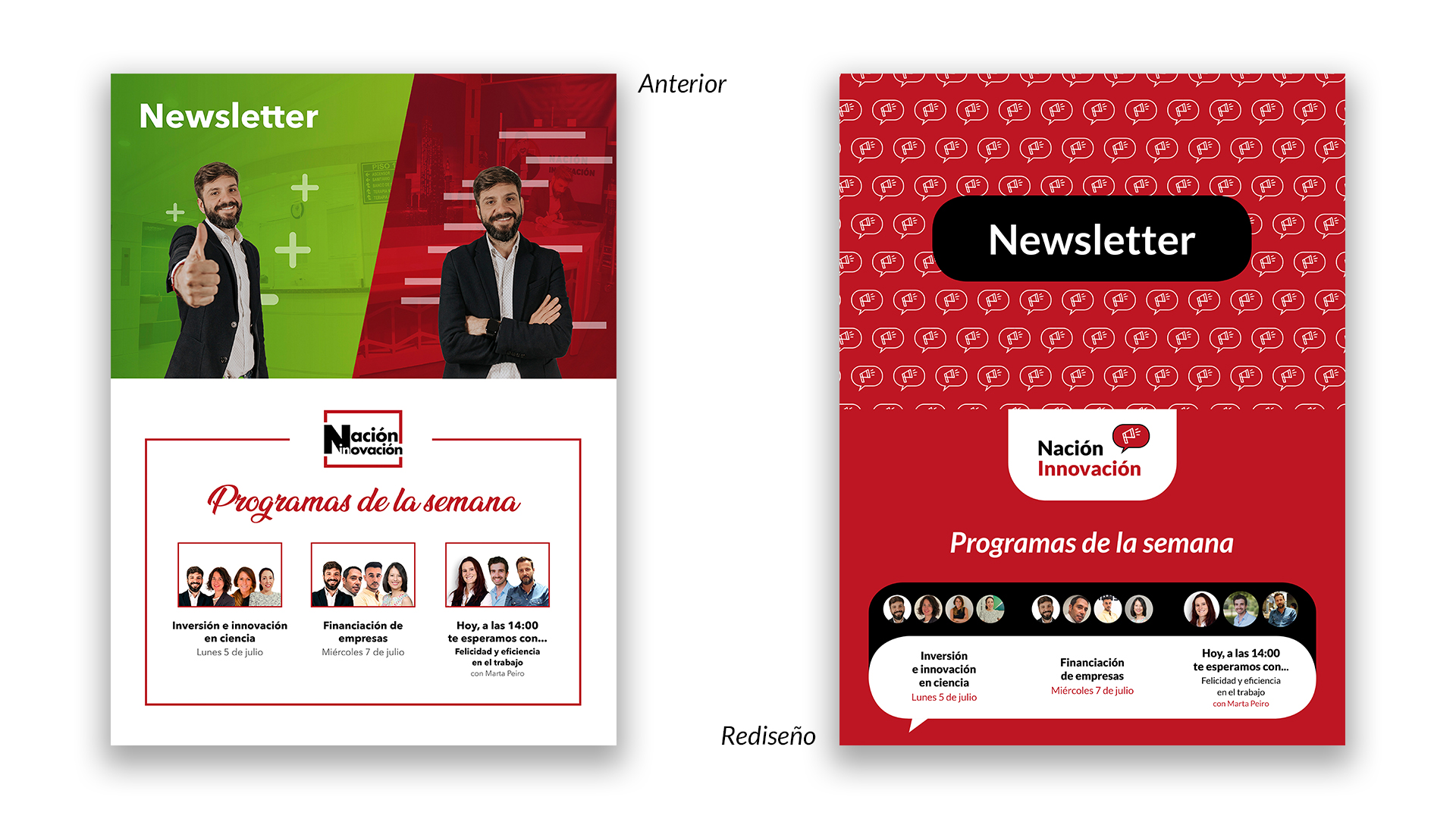 Comparación entre newsletter rediseñada del programa 'Nación Innovación' para emailing y su anterior versión
