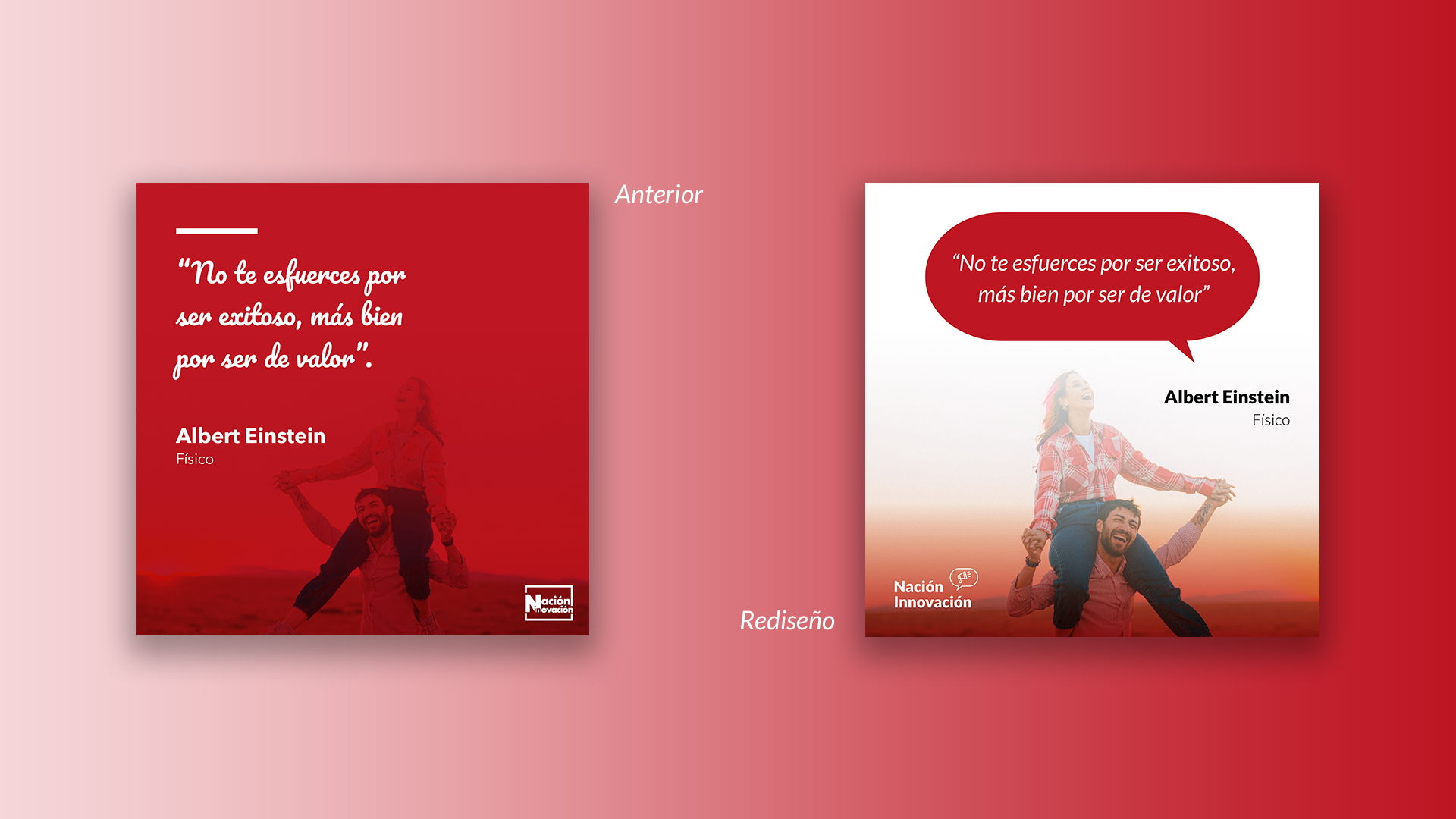 Comparación entre creatividad rediseñada de frases motivacionales para feed de Instagram y su anterior versión