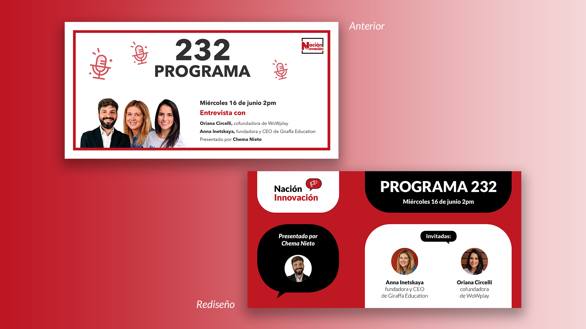 Comparación entre creatividad rediseñada del programa 'Nación Innovación' para Twitter/Facebook y su anterior versión