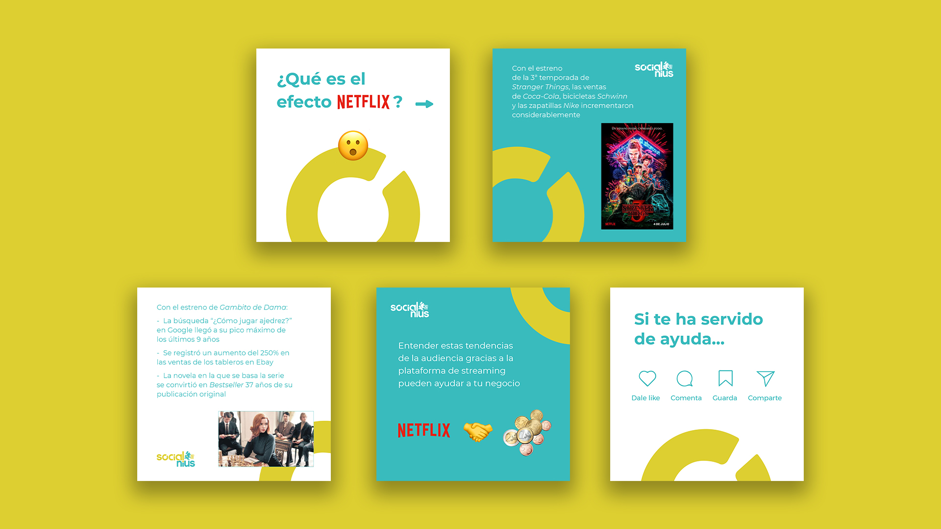 Creatividades de un carrusel para Instagram explicando qué es el efecto Netflix