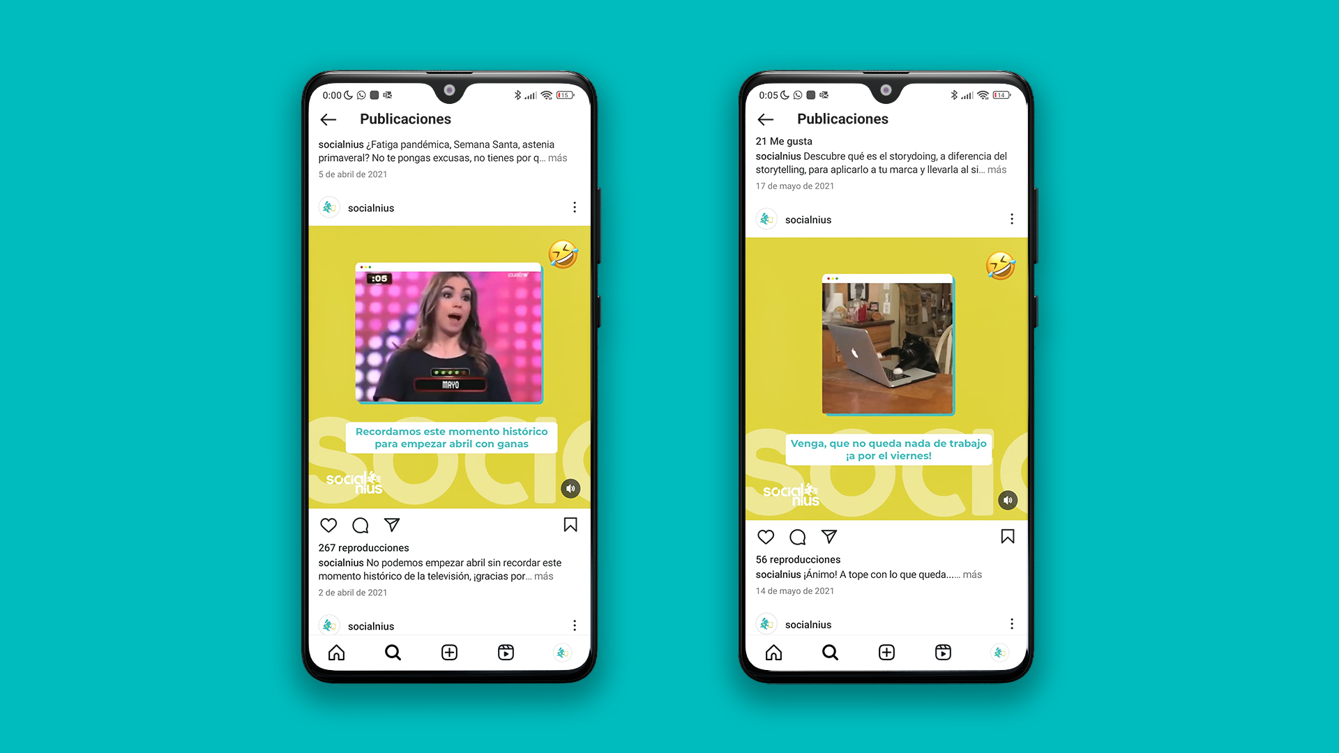 Mockup de dos móviles Xiaomi con vídeos para Instagram de un meme y un GIF famosos