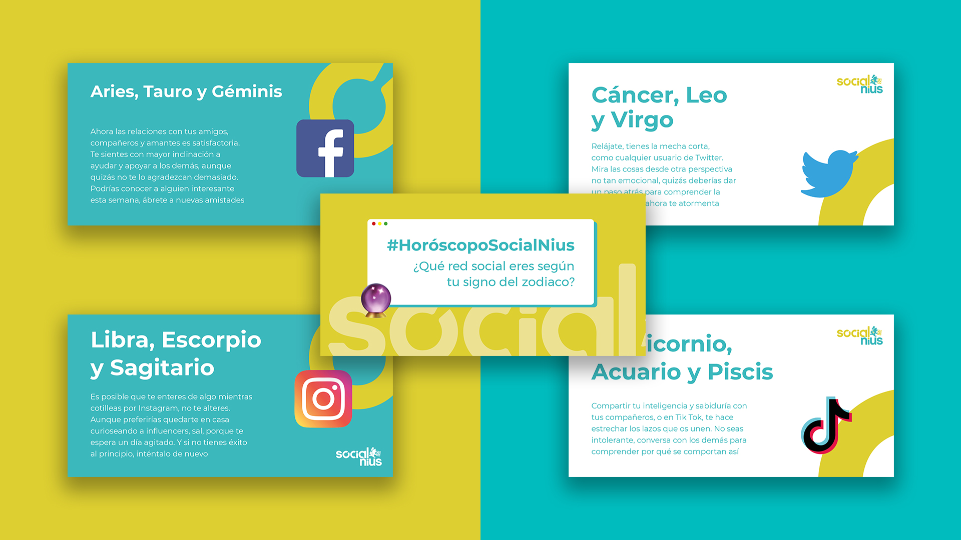 Creatividades para Facebook y Twitter de un carrusel titulado: '¿Qué red social eres según tu signo del zodiaco?'