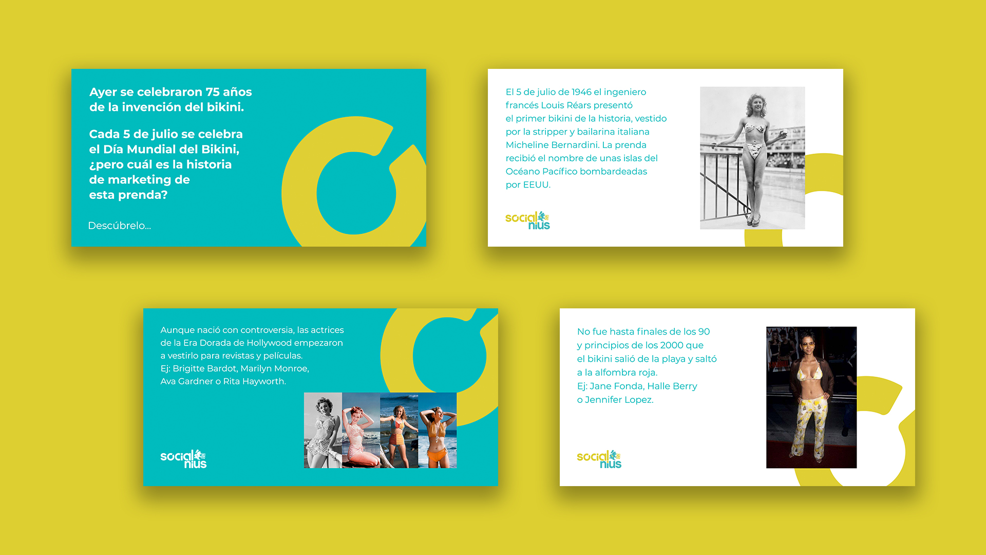 Creatividades para Facebook y Twitter de un carrusel sobre la historia del marketing del bikini