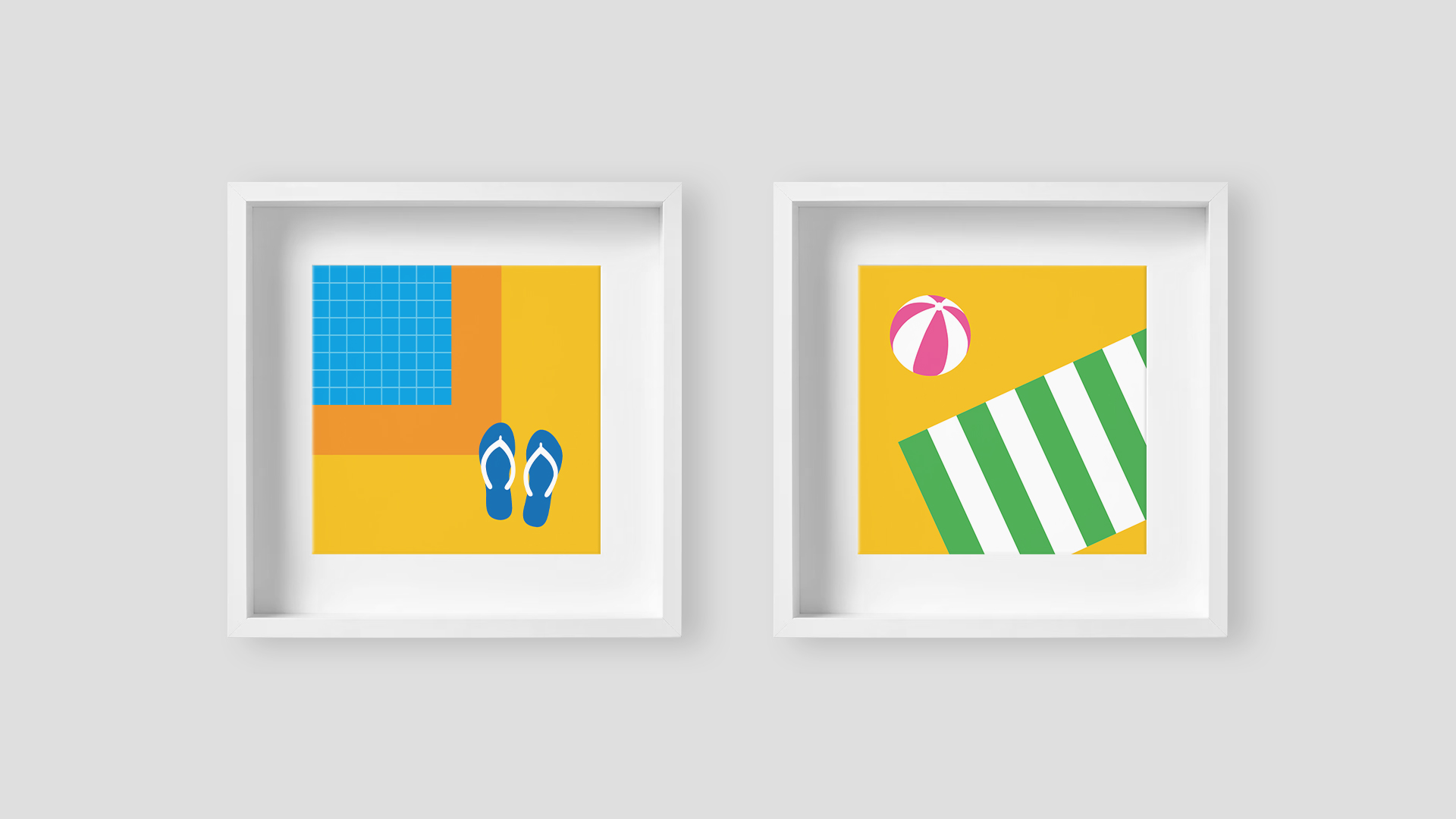 Mockup de dos cuadros cuadrados colgados en la pared con dos de las ilustraciones pertenecientes a la colección