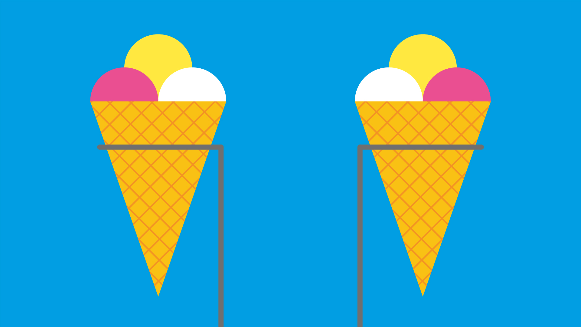 Ilustración rectangular de dos cucuruchos con tres bolas de helado cada uno