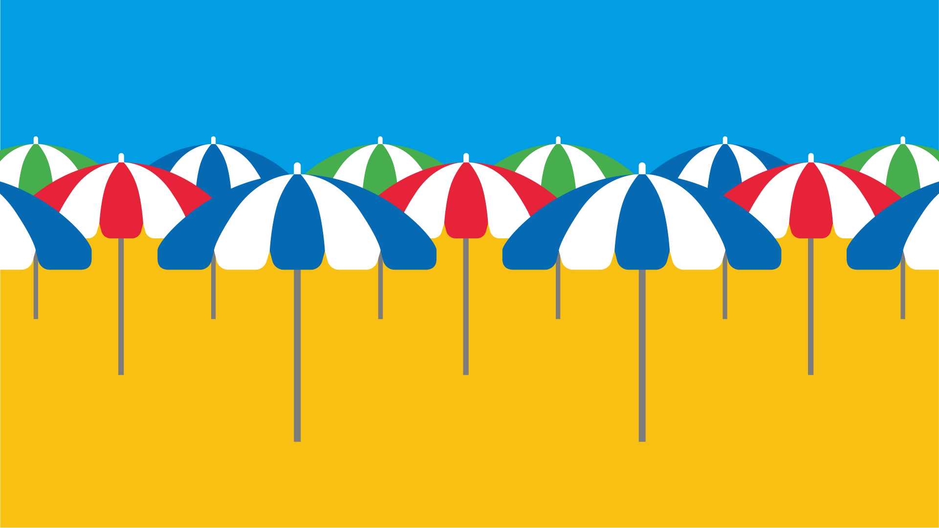 Ilustración rectangular de una playa con sombrillas de colores