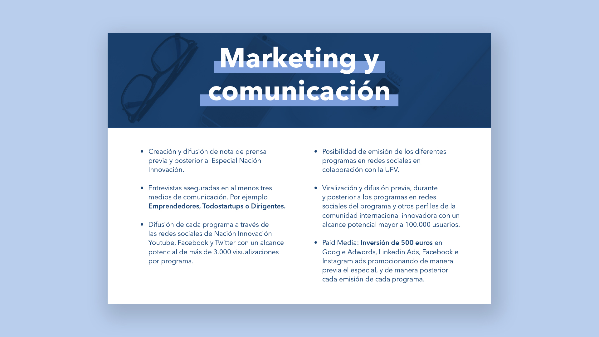 Página 'Marketing y comunicación' del dossier 'II Semana de los Emprendedores UFV'